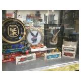 SHELF LOT, TRAIN ENGINES,  CARS, 2 PLAYBOY CLOCKS