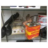 SHELF LOT, VINTAGE TINS, CLAY FIGURE BINOCULARS