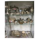 3 SHELF LOT OF SILVER-PLATED ITEMS