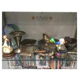 SHELF LOT, SILVER-PLATE ITEMS, MUSIC BOX & MORE