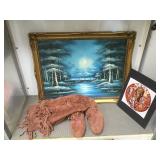 LEATHER KNEE-HIGH MOCCASINS & FRAMED FOREST SCENE