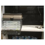 SHELF LOT, PLANO TACKLE BOX W/CONTENTS, ROD & REEL