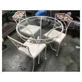 WHITE WROUGHT IRON &GLASS PATIO TABLE W/3 CHAIRS