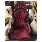 ORNATELY CARVED RED VELVET HIS & HER CHAIRS