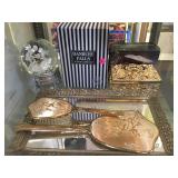 ORNATE VANITY SET, JEWELRY BOX & A WATER GLOBE