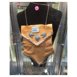 LEATHER BAG DECORATED W TURQUOISE STONES