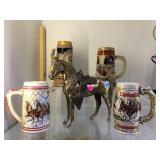 VINTAGE BRASS HORSE & 4 BUDWEISER MUGS
