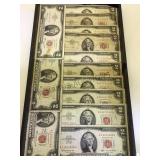 TRAY LOT  OF RED SEAL $2 BILLS, (13 TOTAL)