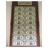FRAMED 1981 SHEET OF UNCUT CURRENCY,(16)