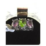 STERLING RING W/ 3CR (T.W.) AMETHYST & PERIDOT