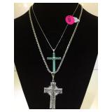 2 STERLING CHAINS W/CROSS PENDANTS,1-ASIAN JADE