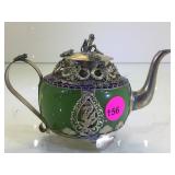 ORNATE JADE TEA POT W/METAL CARVINGS