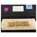 HAND CARVED IVORY CRIBBAGE BOARD, W/CASE