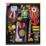 TRAY OF MILITARY MEDALS, PATCHES & MORE
