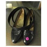COCO CHANEL BLACK LEATHER SHOES,, 9.5 W/GUCCI BELT