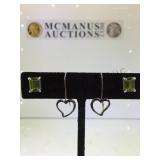 2 PAIRS STERLING EARRINGS, 1-HEARTS, 1-GREEN STONE