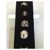 5 STERLING RINGS, PEACE SIGN & MORE