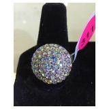 STERLING ART DECO  RING W/DOME RHINESTONES