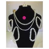 NECK W/4 PEARL BRACELETS, 2 NECKLACES & EARRINGS