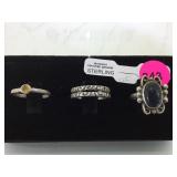 3 STERLING RNGS W/ONYX, YELLOW STONE
