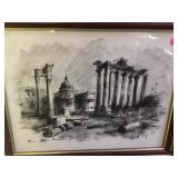 ORIGINAL PEN & CHARCOAL FRAMED ARTIST SIGNED RUINS