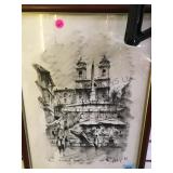 ORIGINAL PEN & CHARCOAL CITY SCENE , ARTIST SIGNED