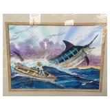 FRAMED  PAINTING ON BOARD, "OLD MAN & THE SEA"