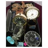 TRAY LOT OF BELT BUCKLES, CLOCKS , STAR WARS PEN &