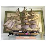 2 FRAMED VINTAGE ADVERTS & A MODEL SHIP