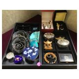2 TRAYS FASHION JEWELRY , TRINKET BOXES & MORE