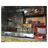 SHELF LOT OF FRAMED ART, MAT CUTTER, GAME & MORE