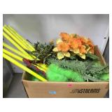 SHELF LOT OF FAUX PLANTS, FEATHER BOA