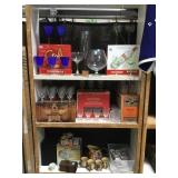 3 SHELF LOT, NEW GLASSWARE, COSTUME JEWELRY & MORE