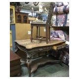 VINTAGE HAND CARVED TABLE W/ DRAWERS & CHAIR