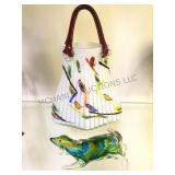 HAND BLOWN ART GLASS PURSE & ART GLASS DOG