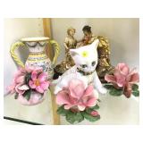 CAPODIMONTE FLORALS, CAT/ITALY,SIGNED VASE & MORE