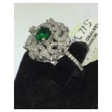 STERLING RING W/ CLEAR & GREEN GEMSTONES, SIZE 8