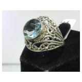 STERLING RING W  LIGHT BLUE GEMSTONE, SIZE 7.5