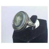 STERLING RING W/ REVERSE CARVED CAMEO & PEARL,