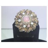 STERLING RING W/ PINK/WHITE CABOCHONS , SIZE