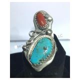 STERLING NATIVE AMERICAN TURQUOISE/CORAL RING