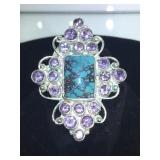 STERLING RING W/ SPIDER WEB TURQUOISE & AMETHYST
