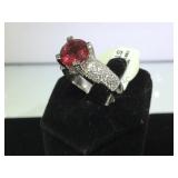 STERLING RING W / RED & CLEAR GEMSTONES, SIZE 9