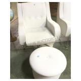 3 PEICE WHITE VINYLE CHAIRS & STORAGE OTTOMAN W/