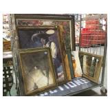 CART LOT OF FRAMED ART, LAYBOY BOOK & MORE