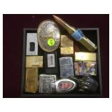 TRAY LOT OF LIGHTERS AND BELT BUCKLE - COLIBRI