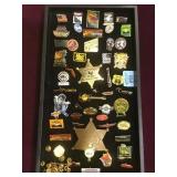TRAY LOT OF ASSORTED PINS, BADGE AND MORE