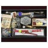 TRAY LOT INCL. WATCHES, BUCKLE, LURE, MARBLES