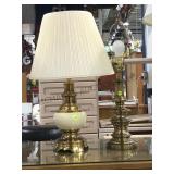 PAIR OF BRASS BASED TABLE LAMPS ONE WITH SHADE