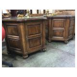 PAIR OF HEXAGONAL SIDE TABLES WITH STORAGE & GLASS